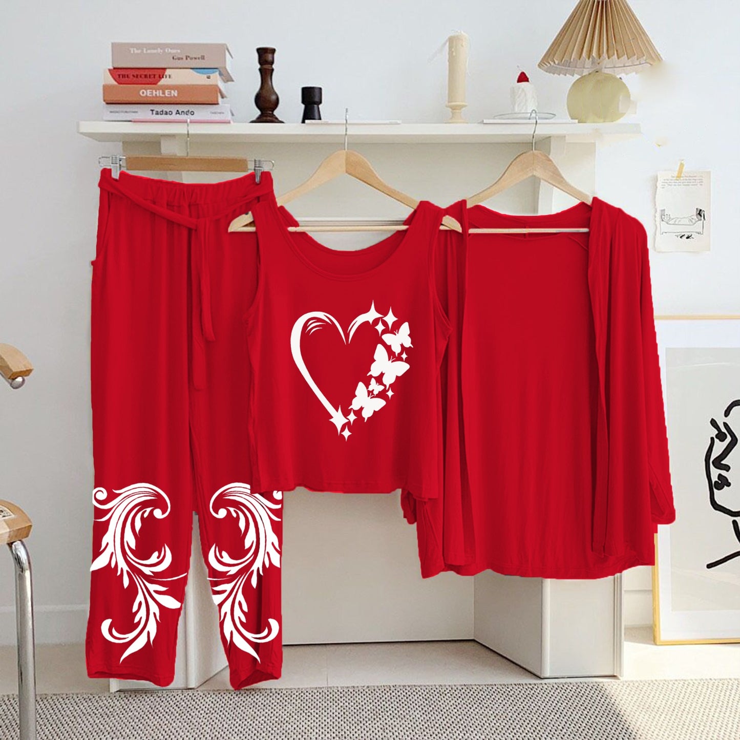 Red Cotton Jersey Printed Night Suit 3 Piece