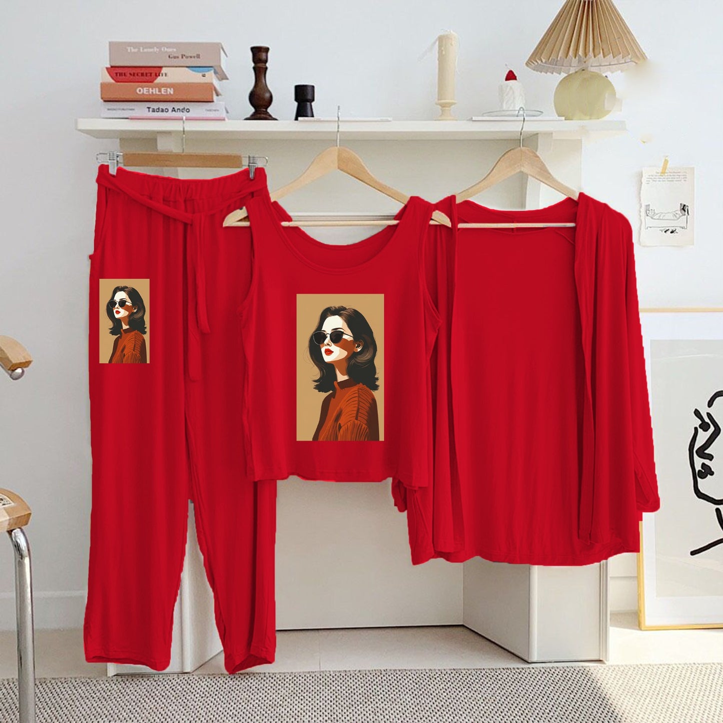 Red Cotton Jersey Printed Night Suit 3 Piece