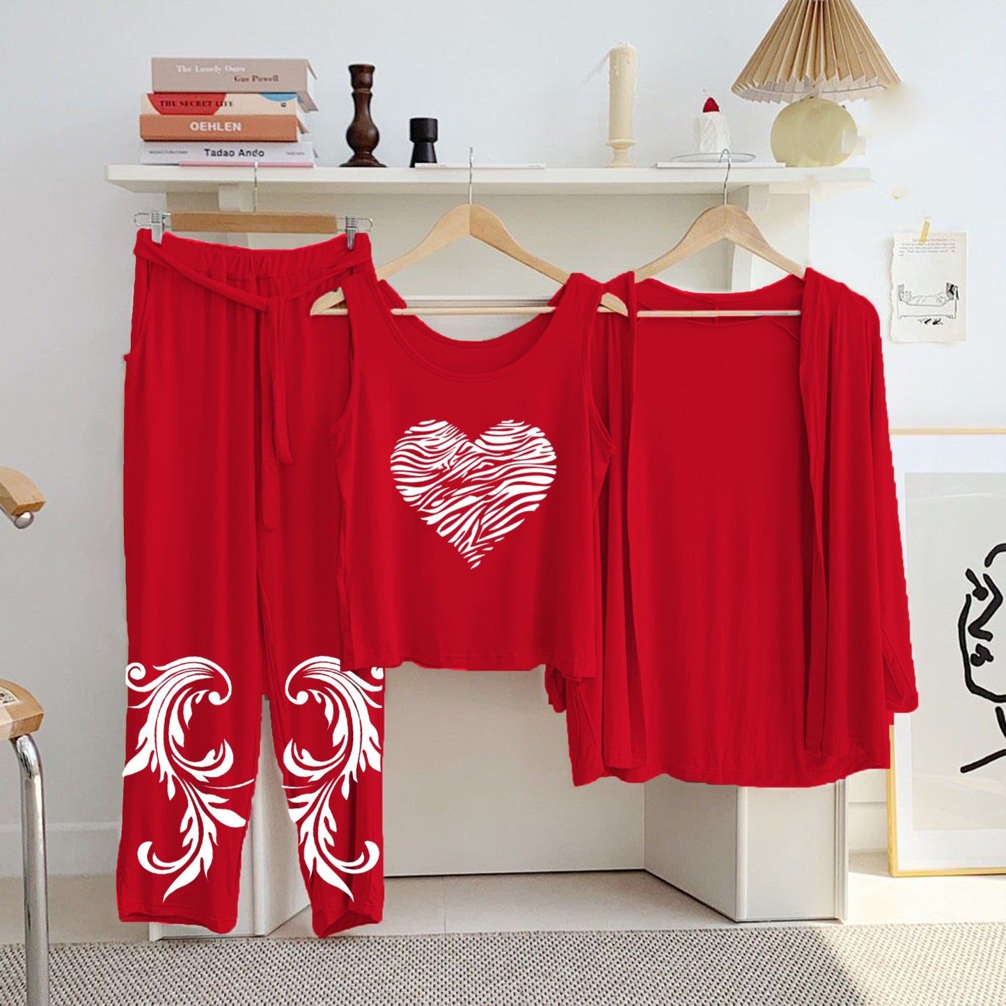 Red Cotton Jersey Printed Night Suit 3 Piece