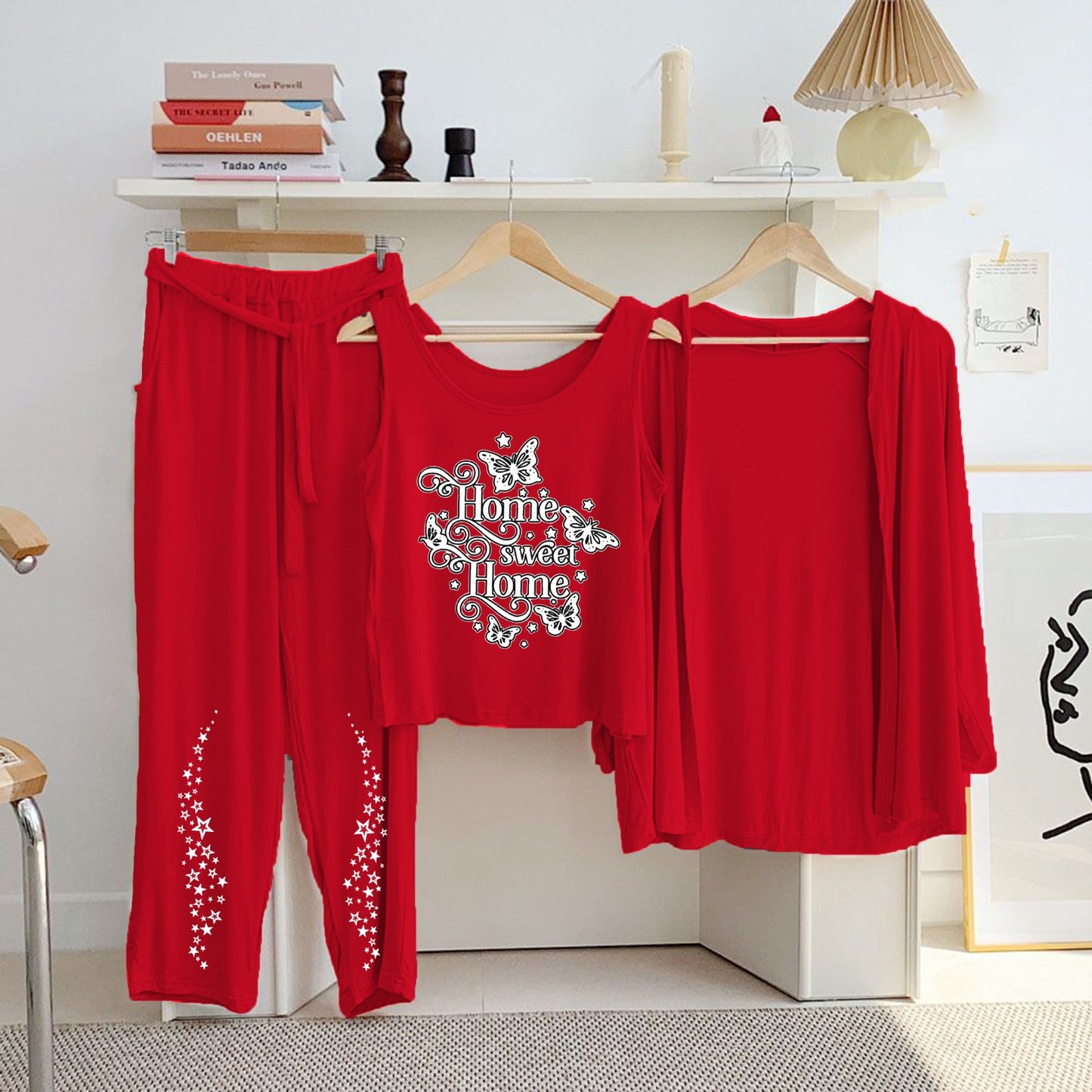 Red Cotton Jersey Printed Night Suit 3 Piece