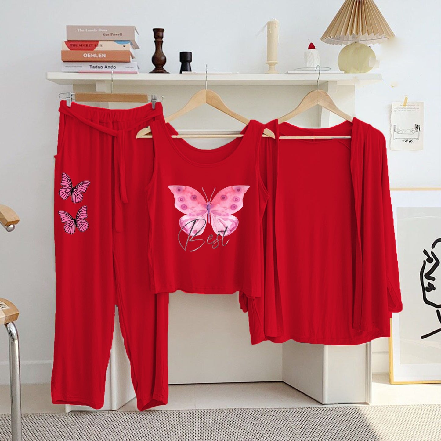 Red Cotton Jersey Printed Night Suit 3 Piece