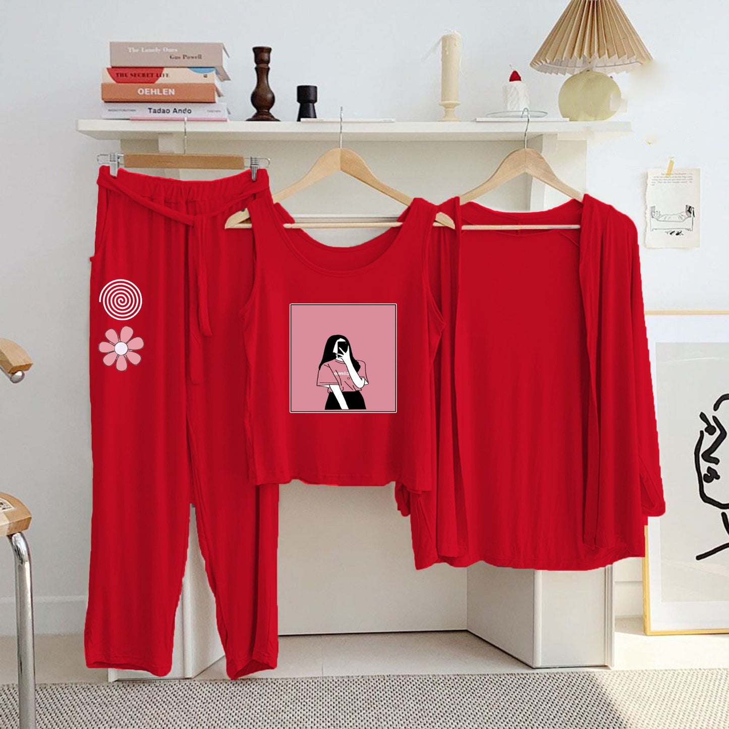 Red Cotton Jersey Printed Night Suit 3 Piece