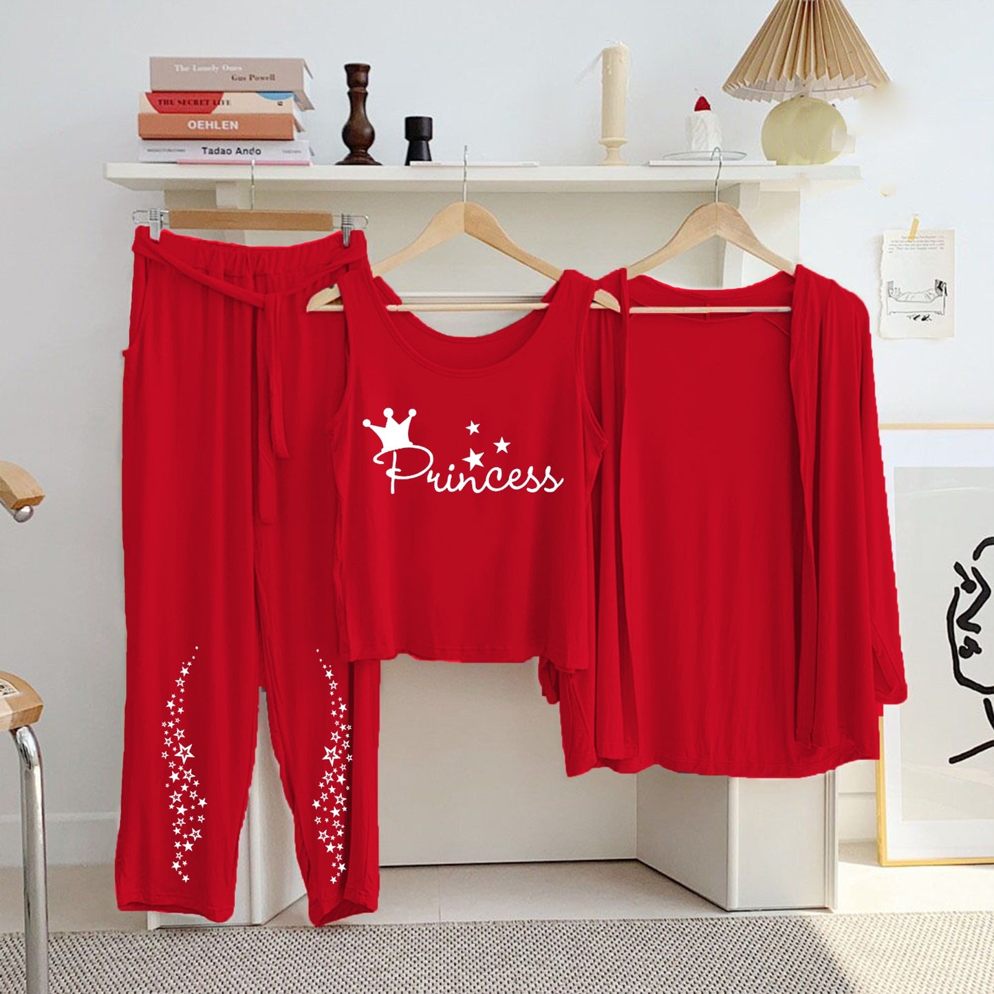 Red Cotton Jersey Printed Night Suit 3 Piece