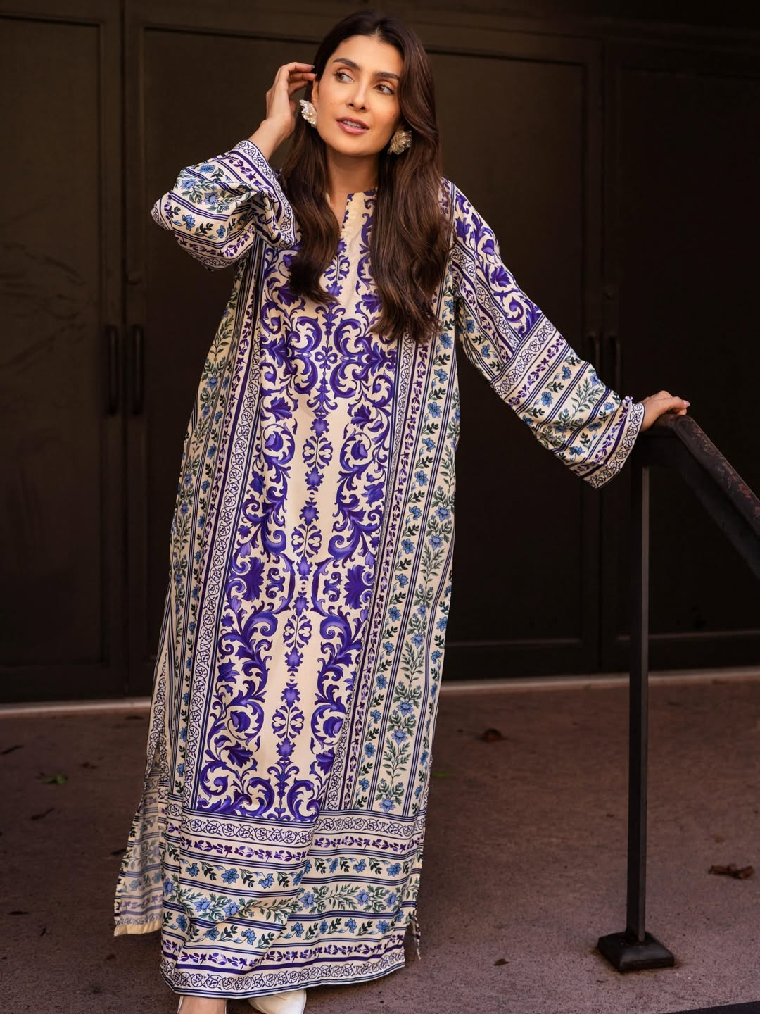 Sara Kaftan Silk Grip Blue & Cream Print Co-Ord Set