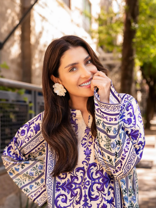 Sara Kaftan Silk Grip Blue & Cream Print Co-Ord Set