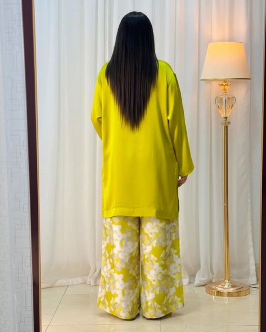 Silky Lime Green Top & Floral Printed Trousers Co-Ord Set