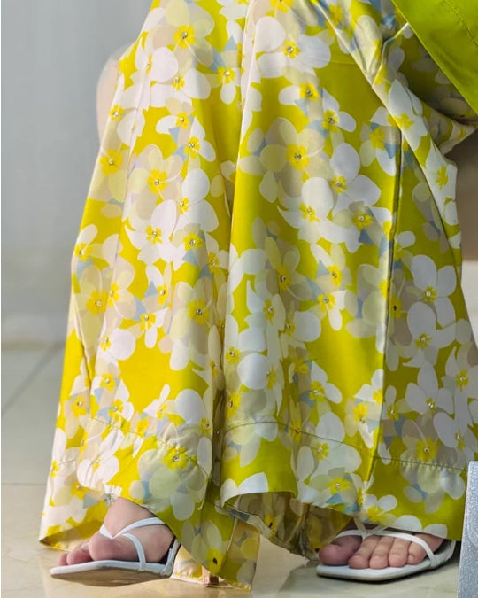 Silky Lime Green Top & Floral Printed Trousers Co-Ord Set