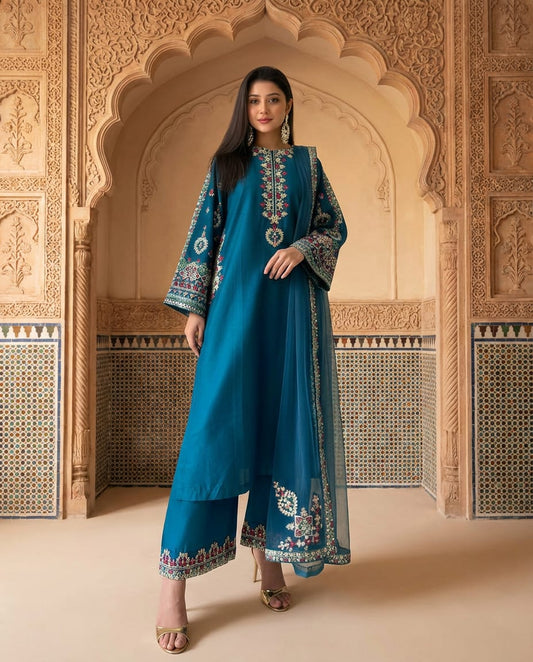 Teal Elegance Embroidered 3-Piece Suit