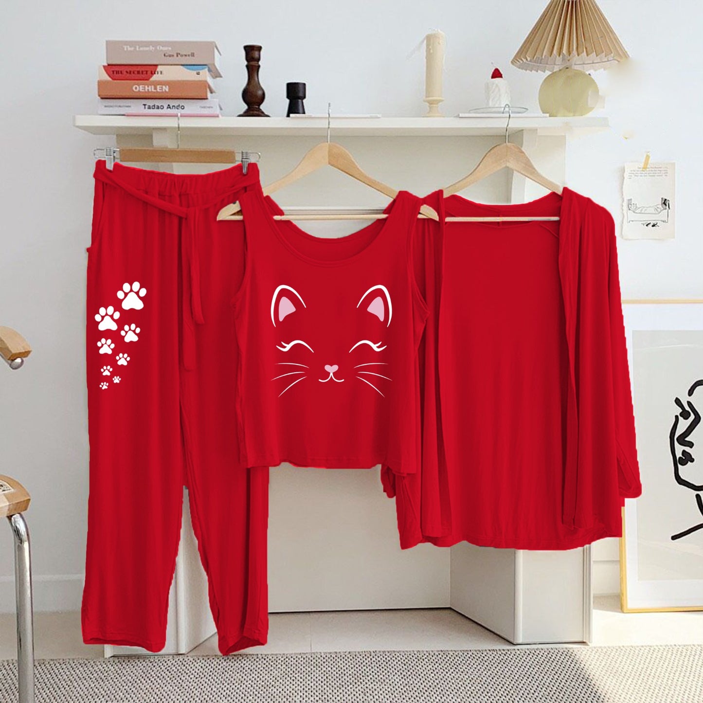 Red Cotton Jersey Printed Night Suit 3 Piece