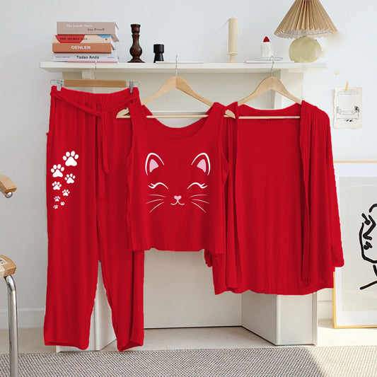 Red Cotton Jersey Printed Night Suit 3 Piece