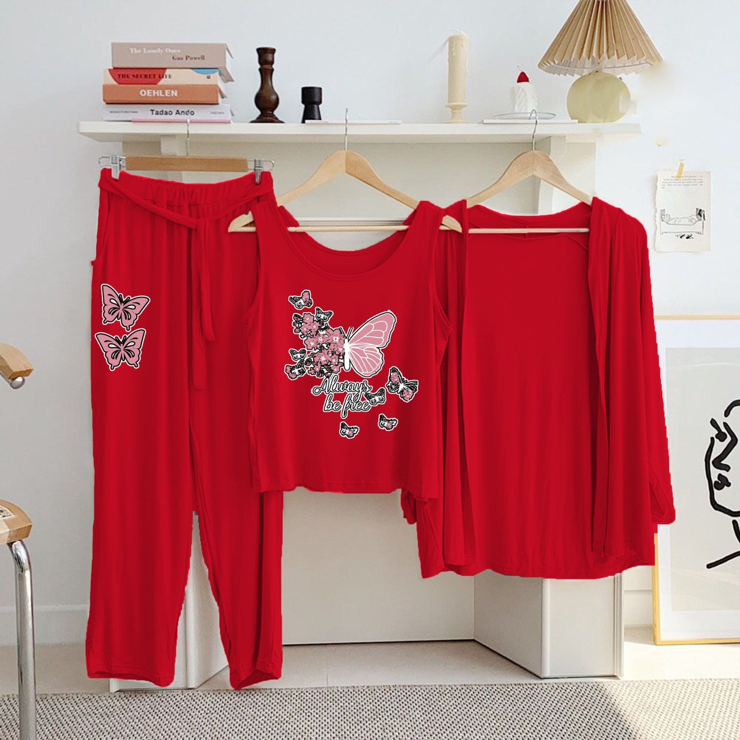 Red Cotton Jersey Printed Night Suit 3 Piece