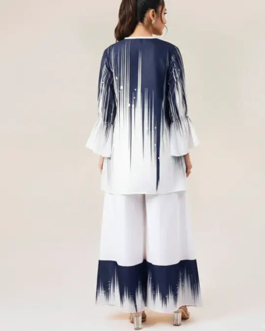 White Base Blue Vertical Streaks Co-Ord-Set