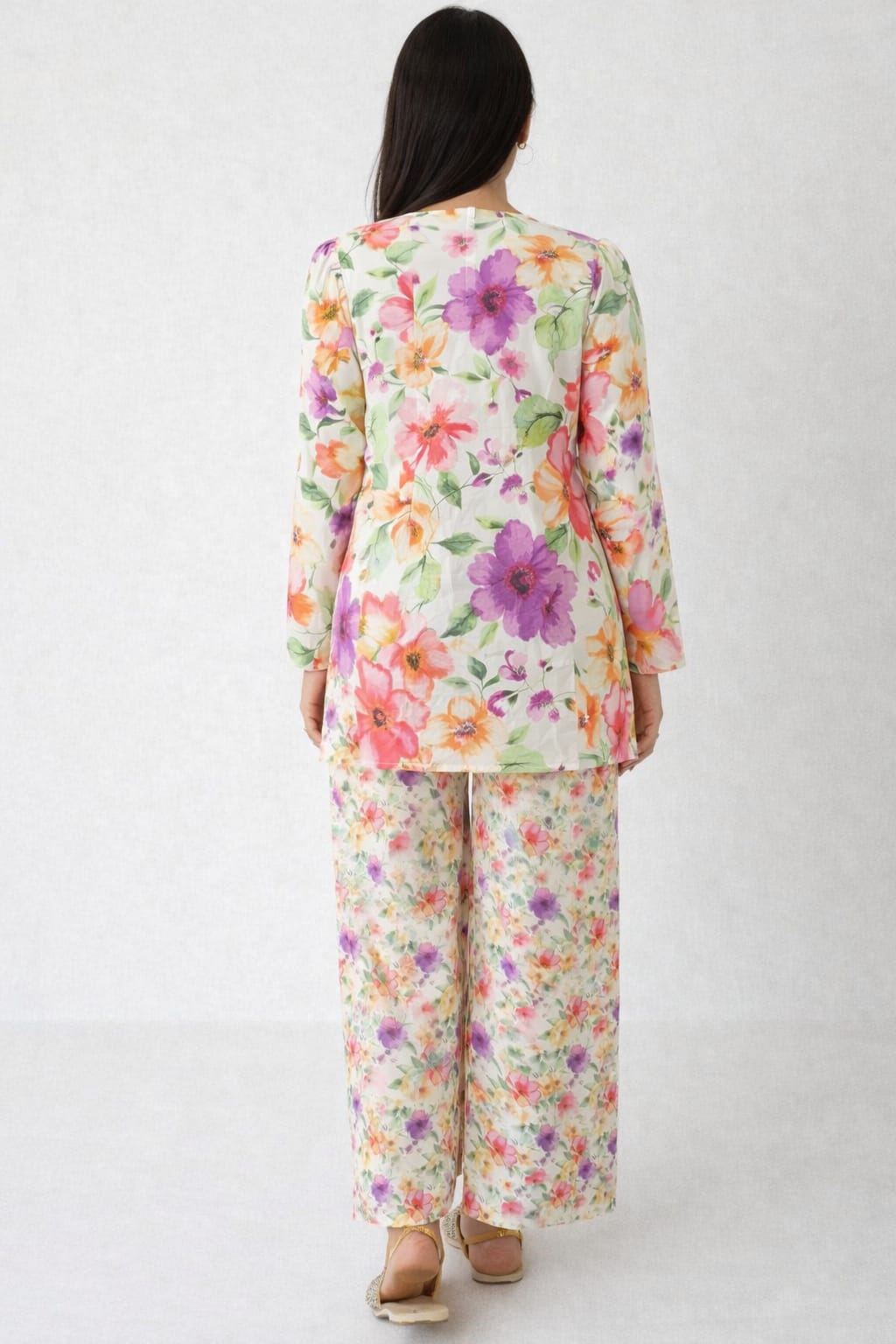 White Base Multi-Colour Floral Mandarin Collar Co-Ord Set