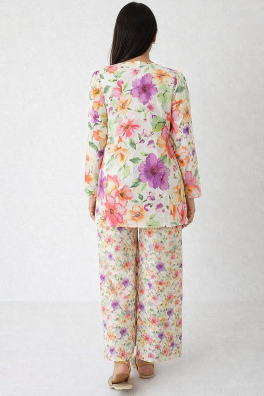 White Base Multi-Colour Floral Mandarin Collar Co-Ord Set