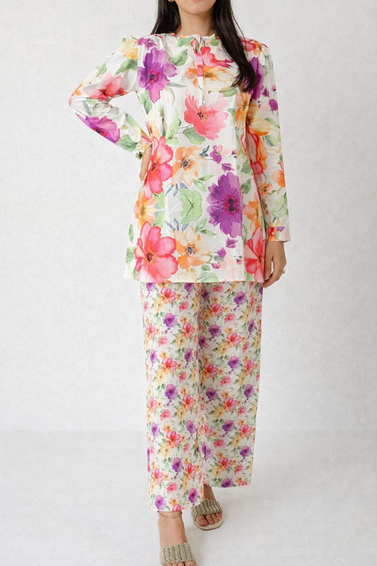 White Base Multi-Colour Floral Mandarin Collar Co-Ord Set