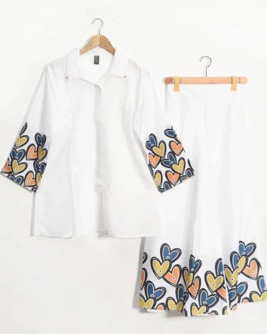 White Novella Heart Printed Shirt and Palazzo