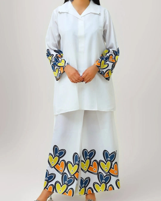 White Novella Heart Printed Shirt and Palazzo