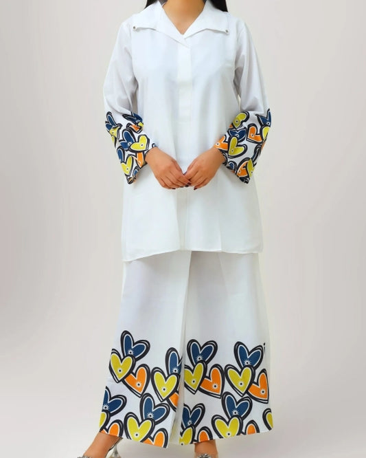 White Novella Heart Printed Shirt and Palazzo