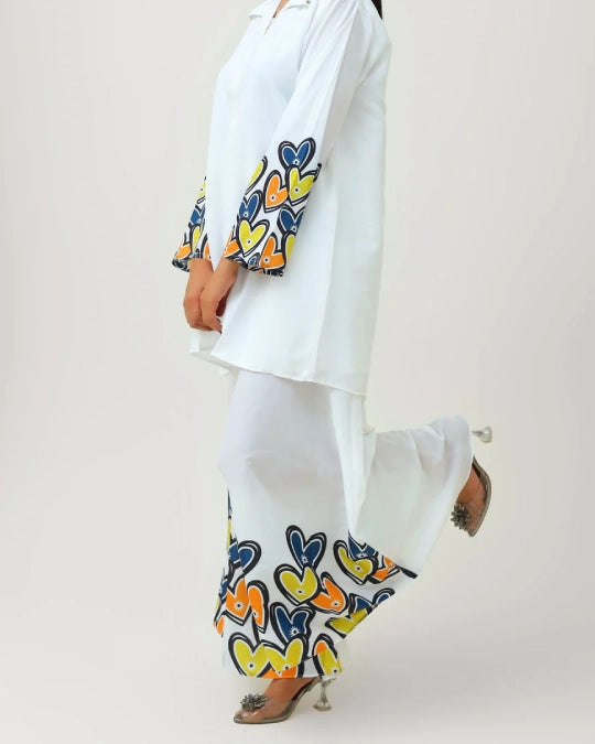 White Novella Heart Printed Shirt and Palazzo