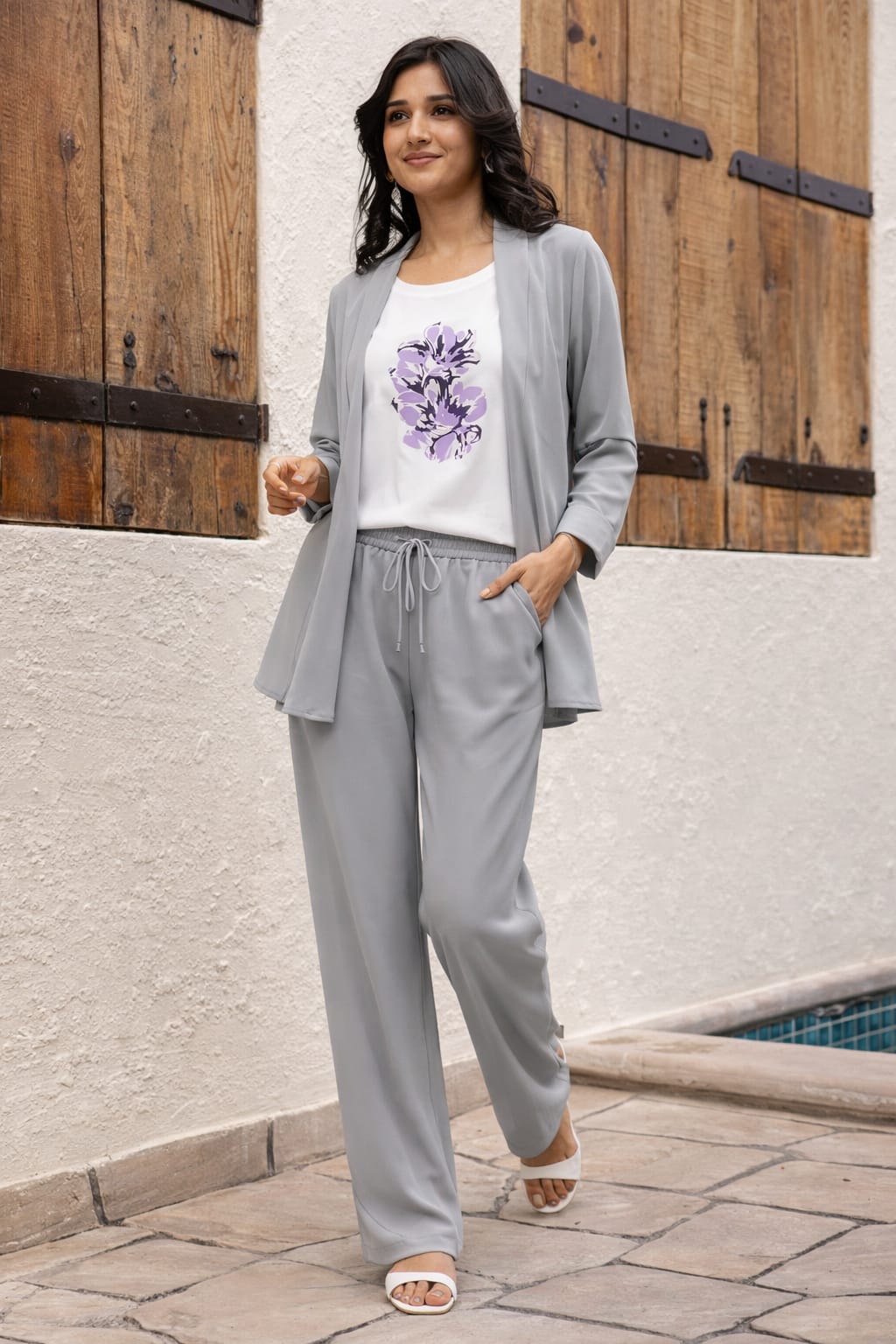 White Top & Grey Floral Printed Design Co-Ord Set