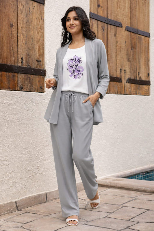 White Top & Grey Floral Printed Design Co-Ord Set