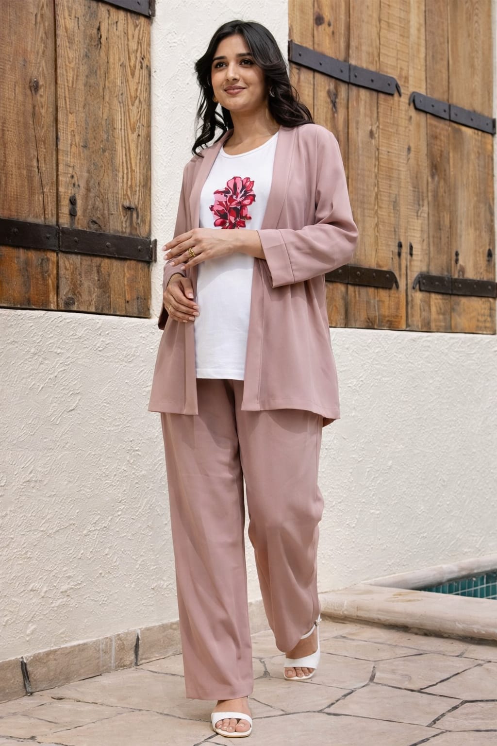 White Top & Pink Floral Printed Design Co-Ord Set