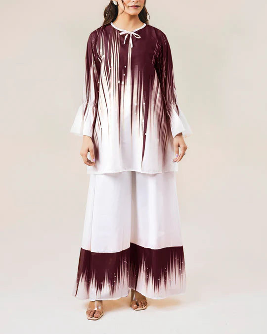 White Base Maroon Vertical Streaks Co-Ord-Set