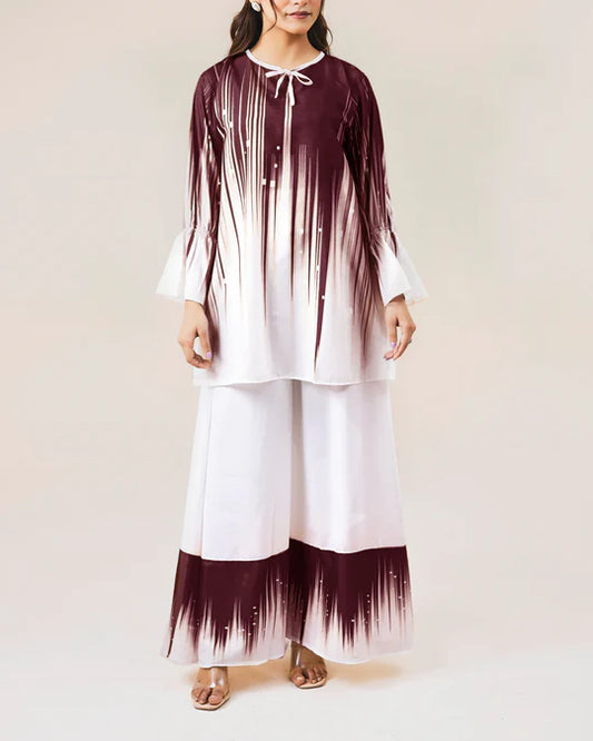 White Base Maroon Vertical Streaks Co-Ord-Set