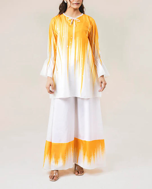White Base Orange Vertical Streaks Co-Ord-Set