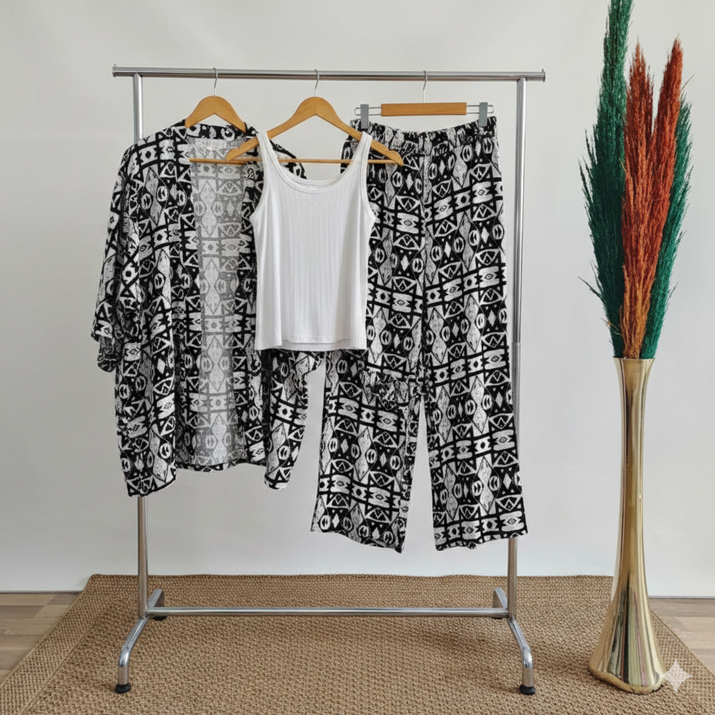 White & Black Geometric Tribal Pattern Printed Co-Ord Set