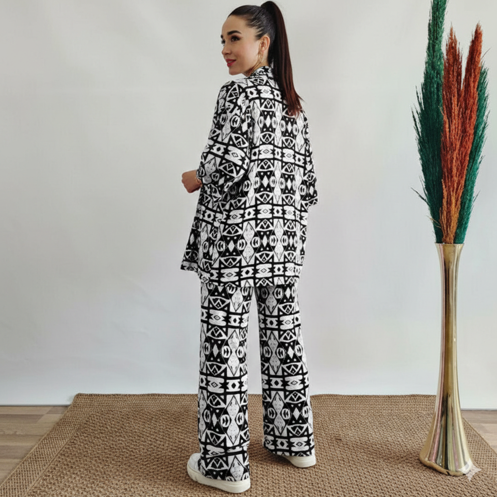 White & Black Geometric Tribal Pattern Printed Co-Ord Set