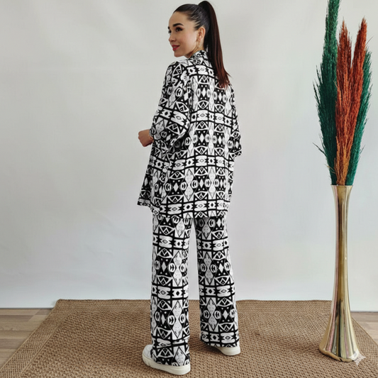 White & Black Geometric Tribal Pattern Printed Co-Ord Set