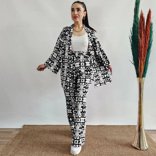 White & Black Geometric Tribal Pattern Printed Co-Ord Set