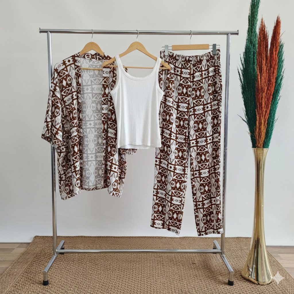 White & Brown Geometric Tribal Pattern Printed Co-Ord Set