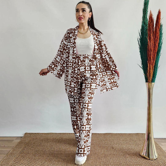 White & Brown Geometric Tribal Pattern Printed Co-Ord Set