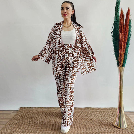 White & Brown Geometric Tribal Pattern Printed Co-Ord Set
