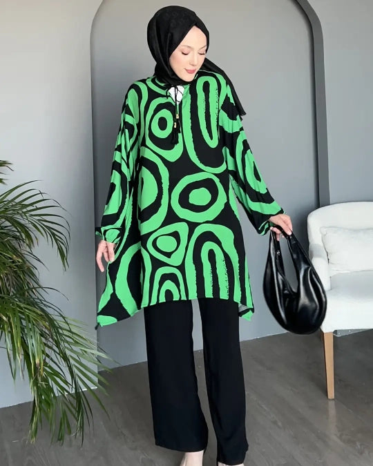 Womens Green Black Swirl Pattern Hakim Collar Co-Ord Set