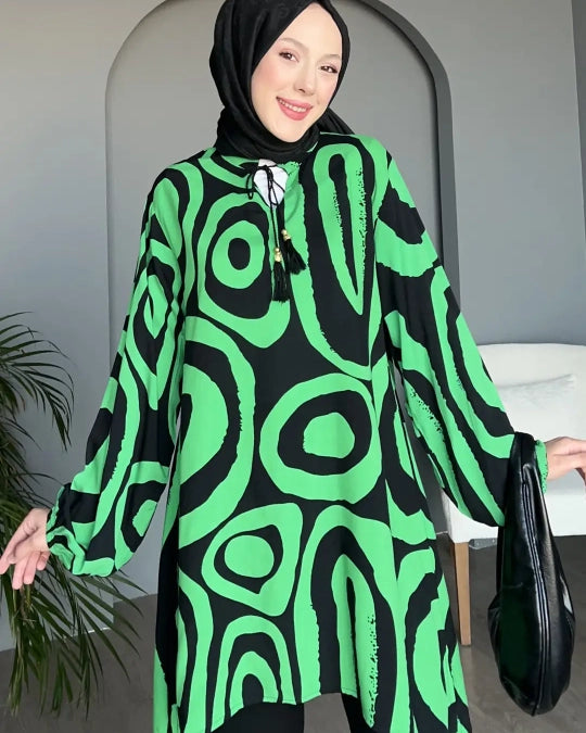 Womens Green Black Swirl Pattern Hakim Collar Co-Ord Set