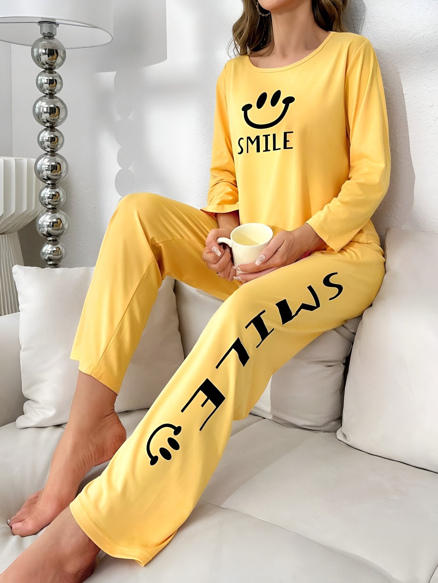Womens Smile Printed Cotton Jersey Pajama Set