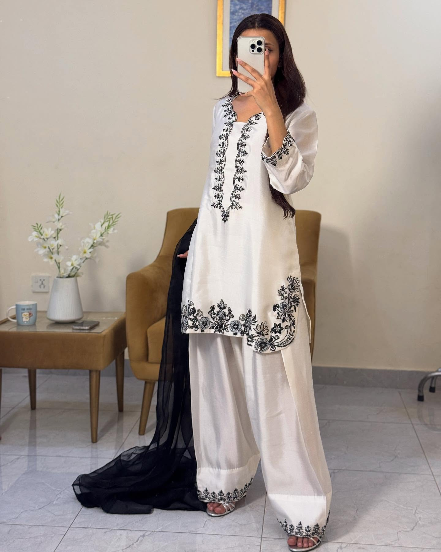 Zahra Silk Ivory Base & Black Embroidery Farshi Kurta Shalwar Set