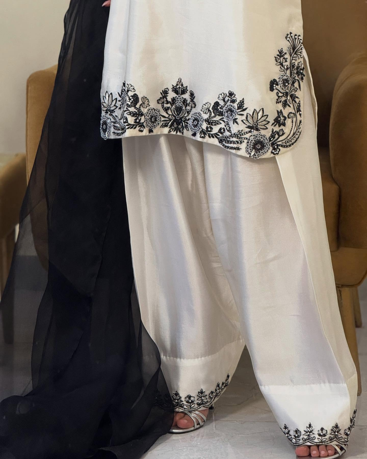 Zahra Silk Ivory Base & Black Embroidery Farshi Kurta Shalwar Set