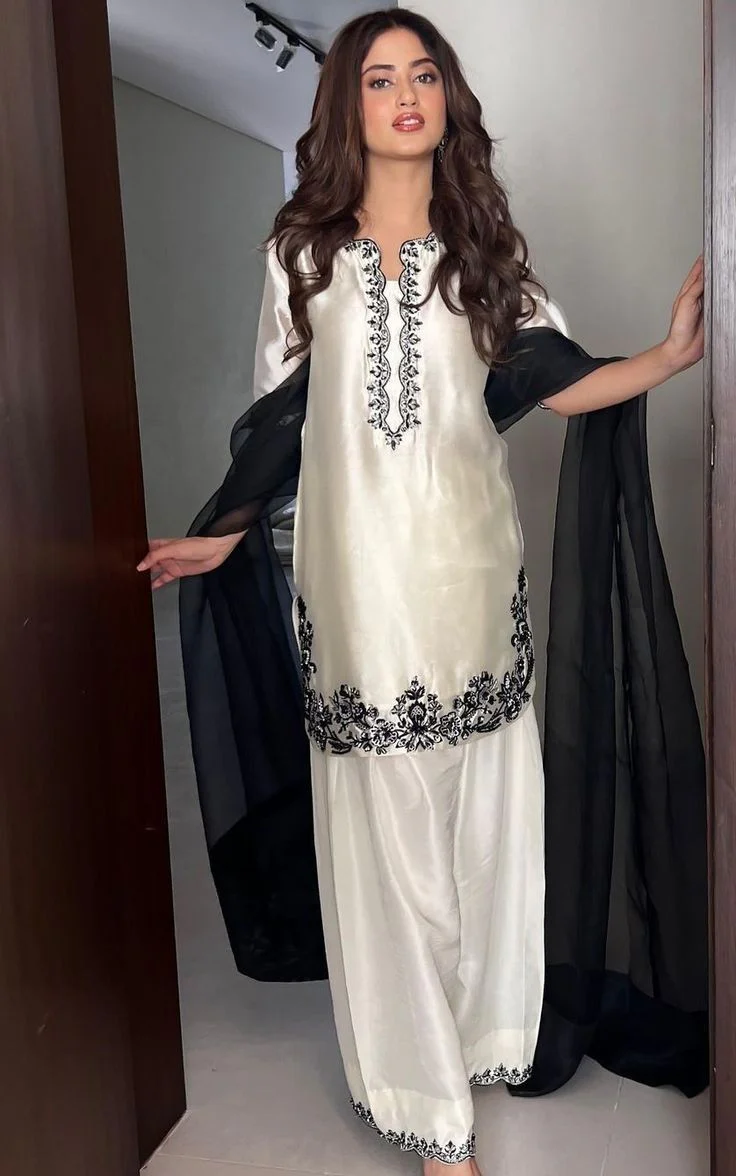 Zahra Silk Ivory Base & Black Embroidery Farshi Kurta Shalwar Set
