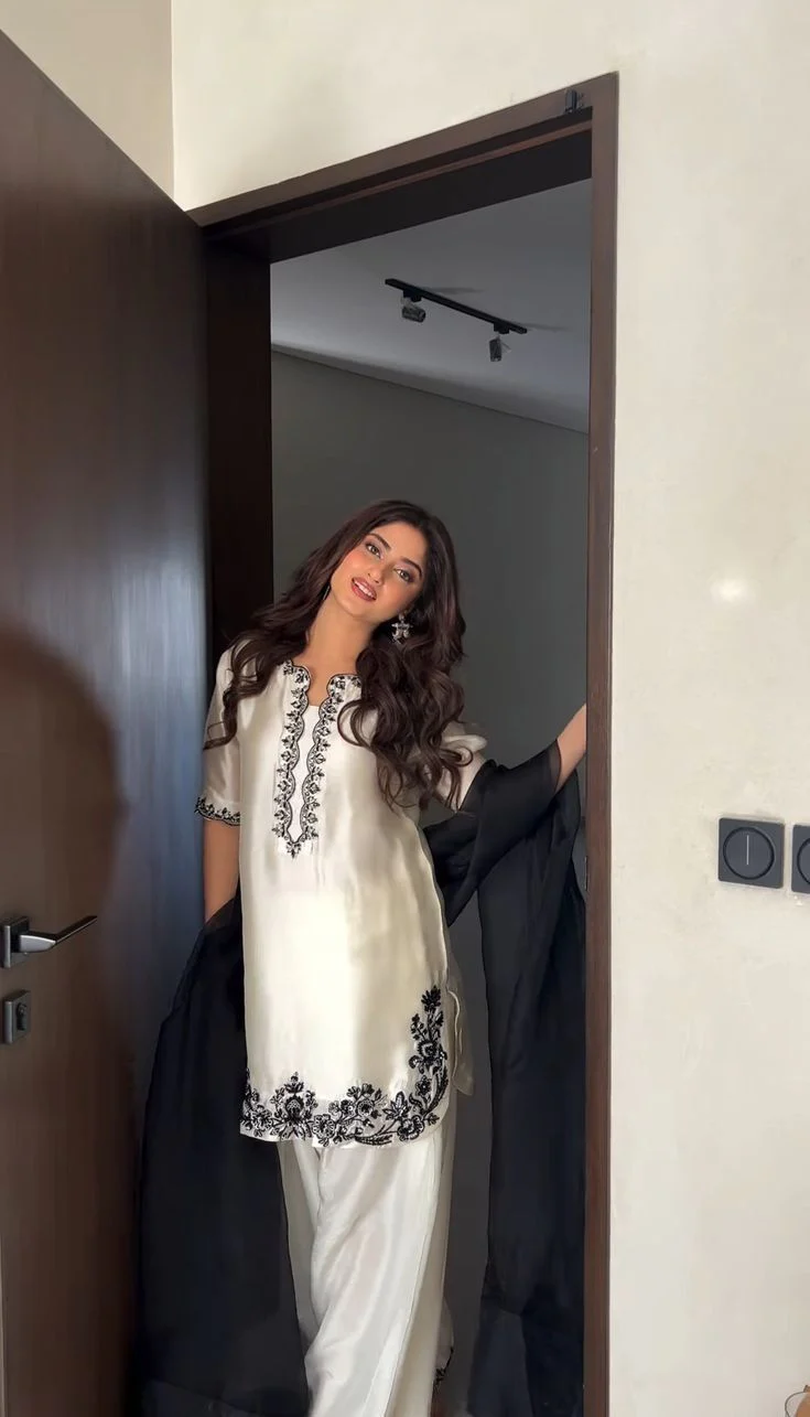 Zahra Silk Ivory Base & Black Embroidery Farshi Kurta Shalwar Set