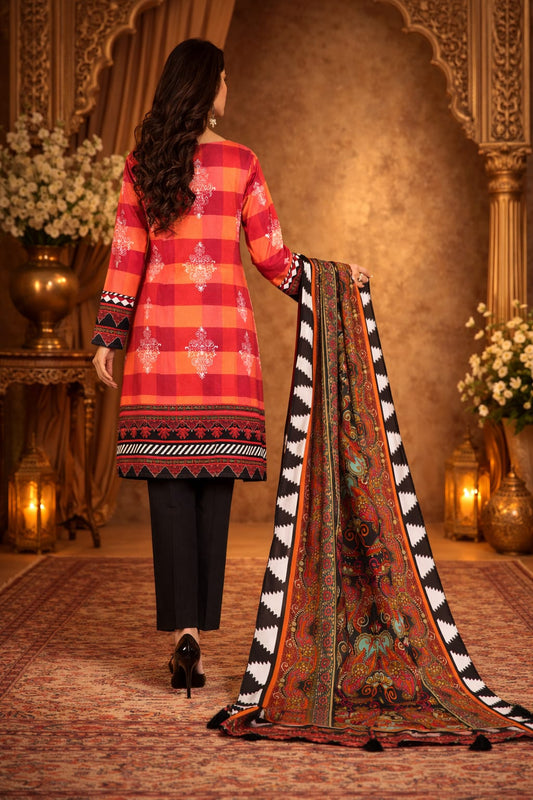 Zarqash Orange Red Gingham Damask Motifs Printed Kurta Set