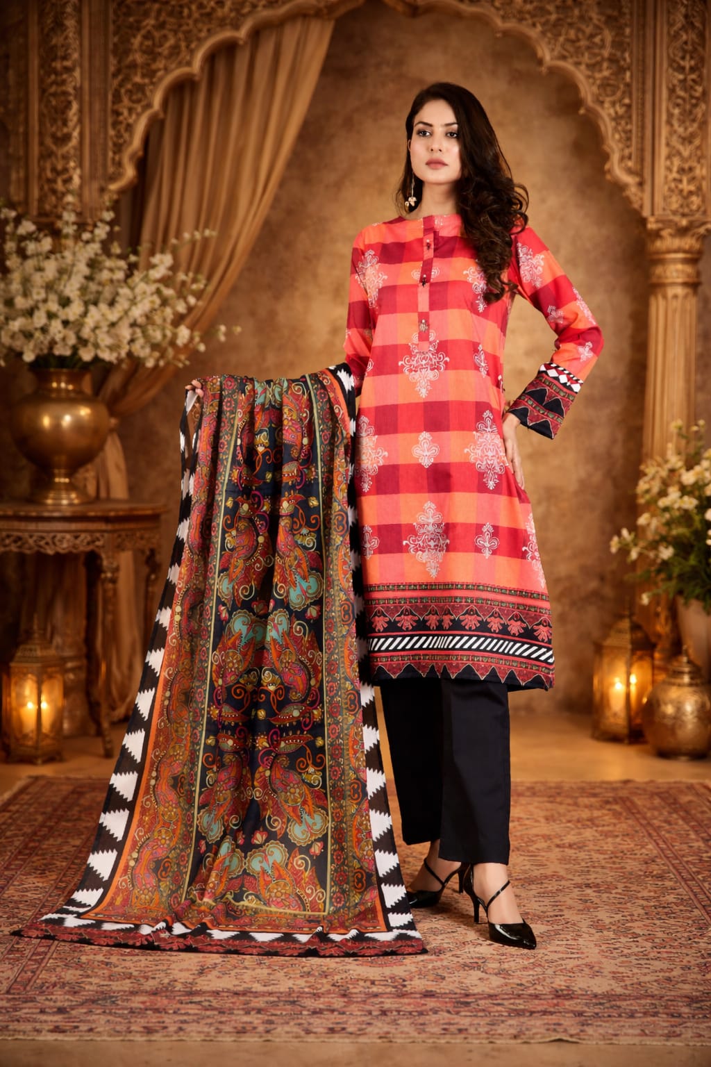 Zarqash Orange Red Gingham Damask Motifs Printed Kurta Set