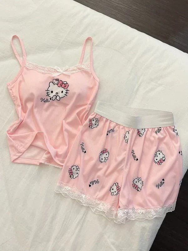 Hello Kitty Pajama Set | Pink Lace Trim Camisole and Shorts Set